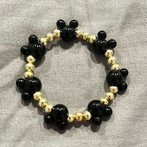 NEW Black Mickey Mouse Head & Round Gold Beaded Bracelet